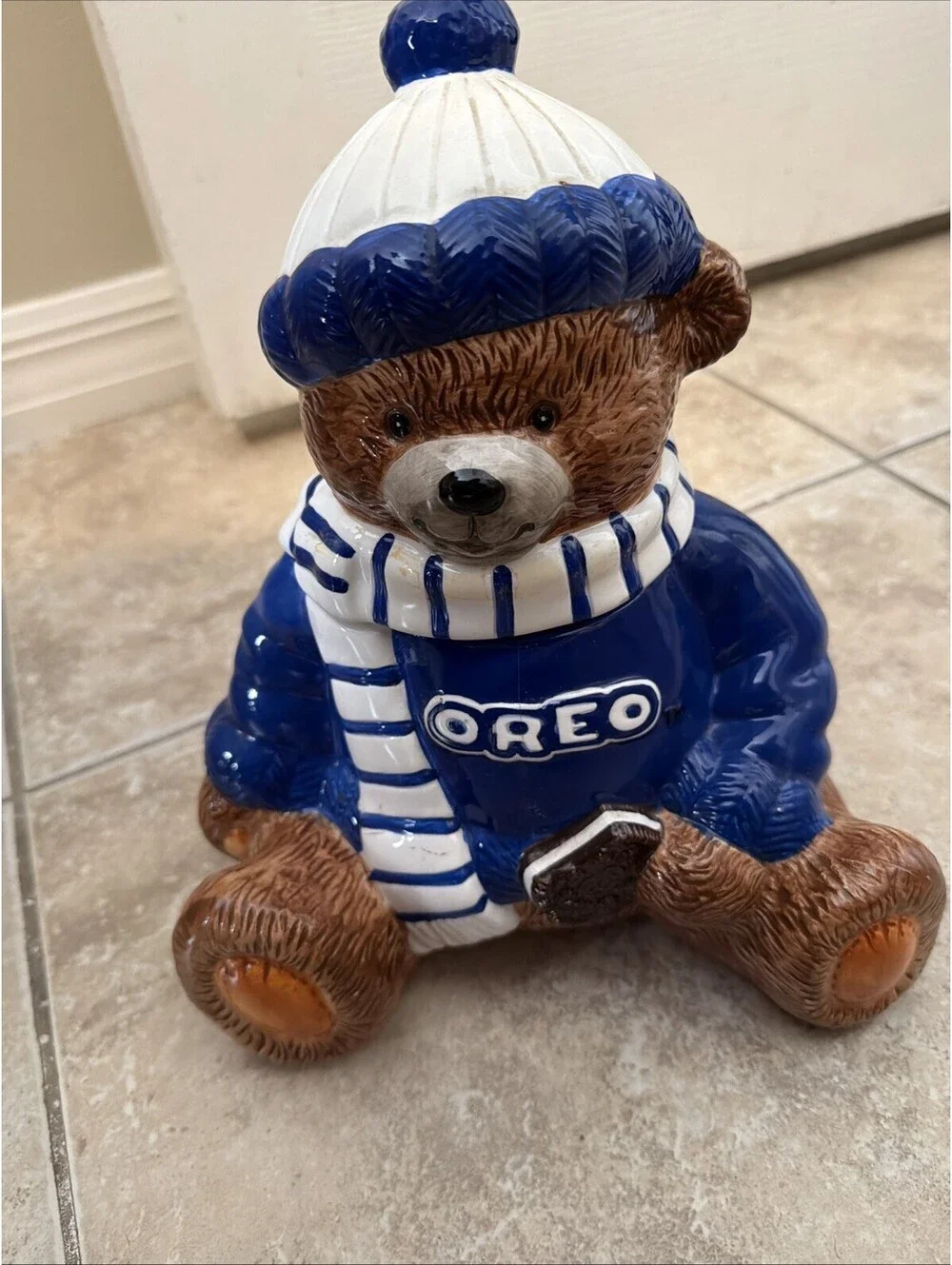 Oreo Teddy Bear Cookie Jar - 2001 Blue and White Sweater & Hat see Pictures-10in